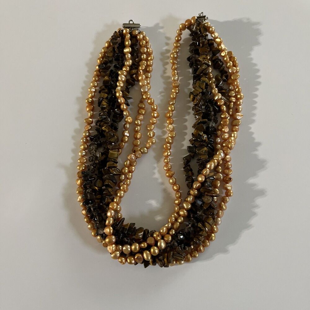 Yellow FreshWater Pearl Necklace Tiger Eye Sterling Silver .925 Finding 7 Strand